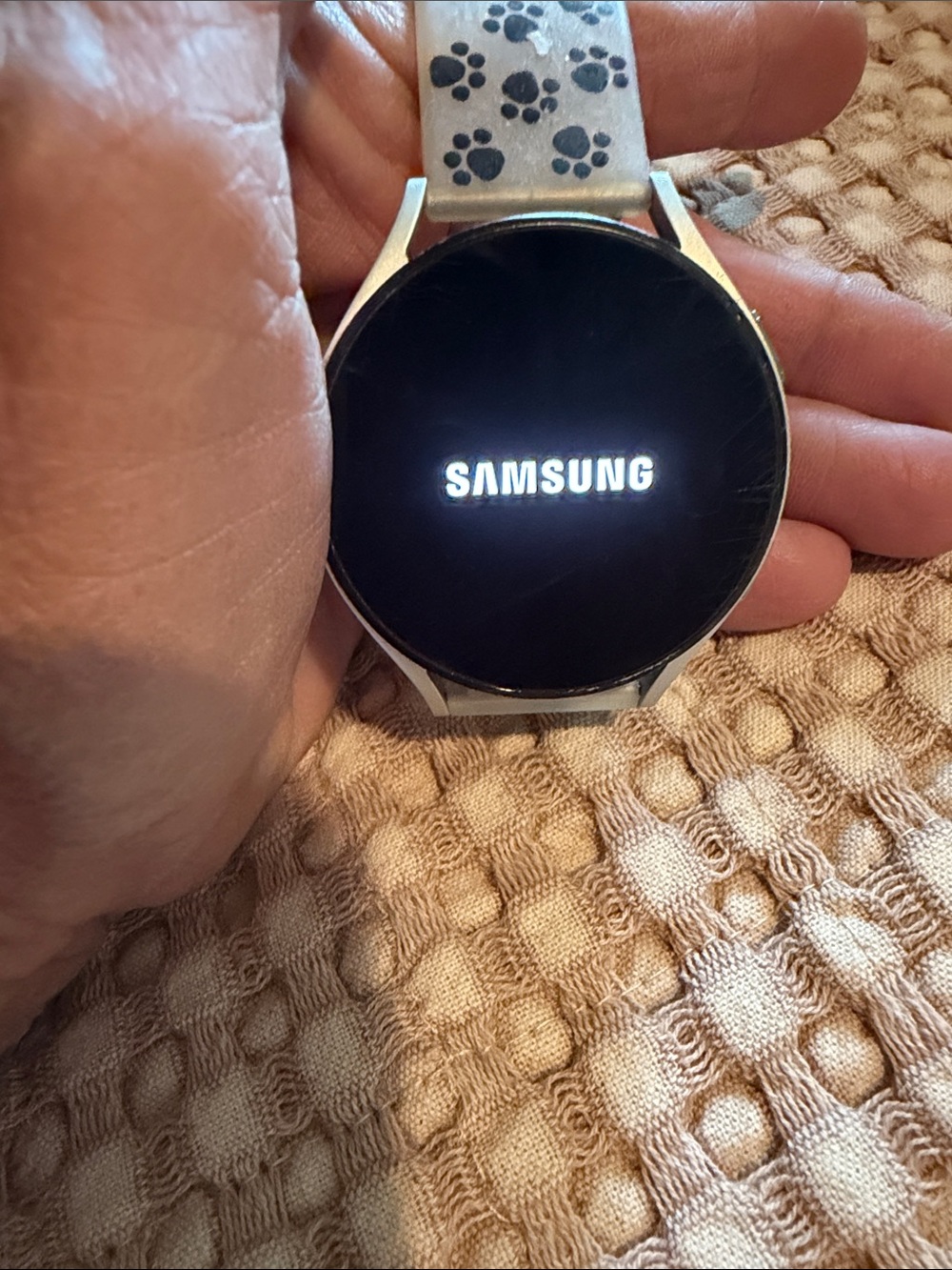 Samsung Silver Smartwatch with White Paw-Print Band